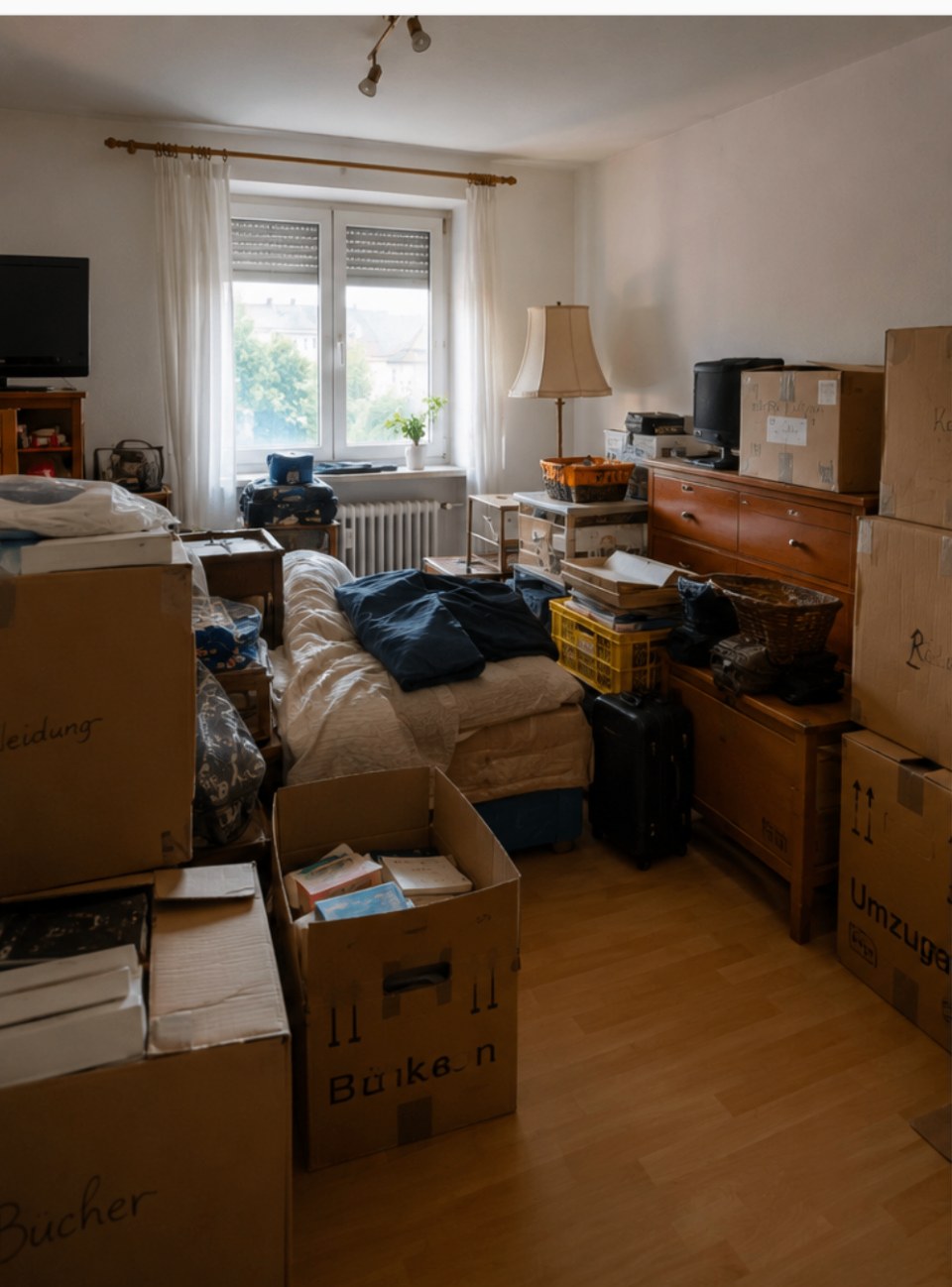 Umzug vorher – Zimmer voller Kartons